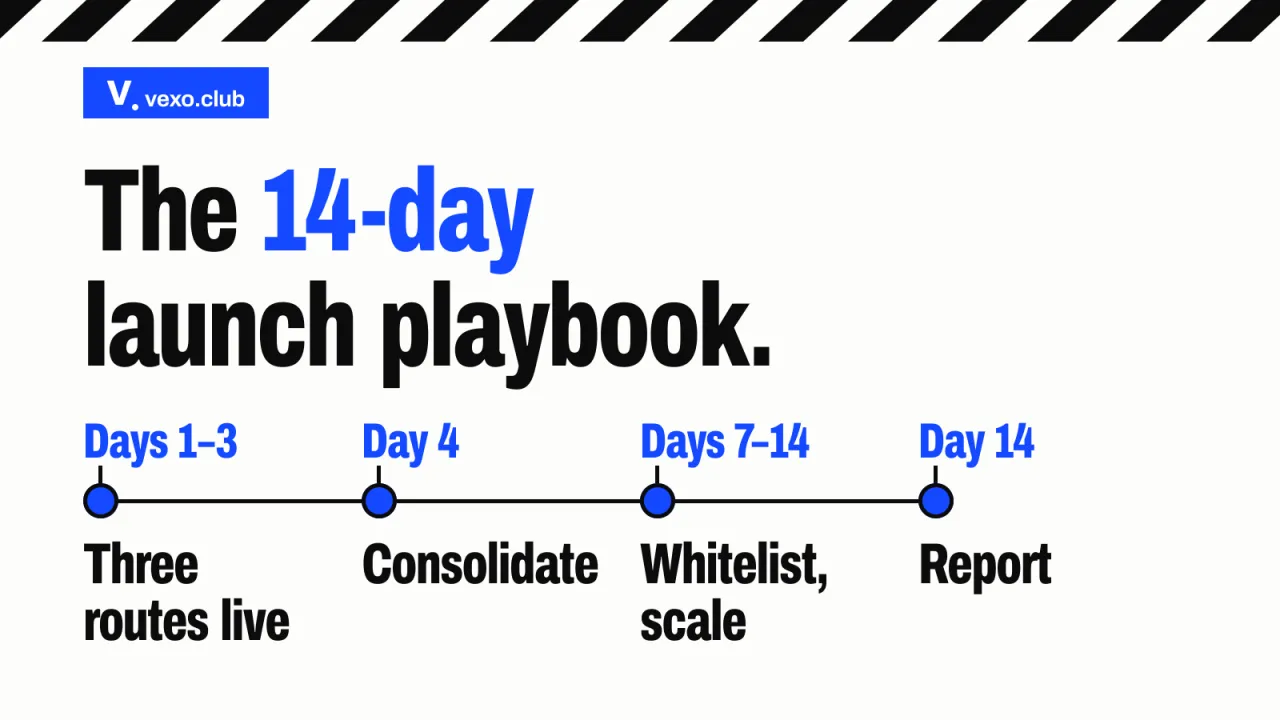 Timeline of a 14-day q-commerce launch in four marks — influencer launch playbook, vexo.club
