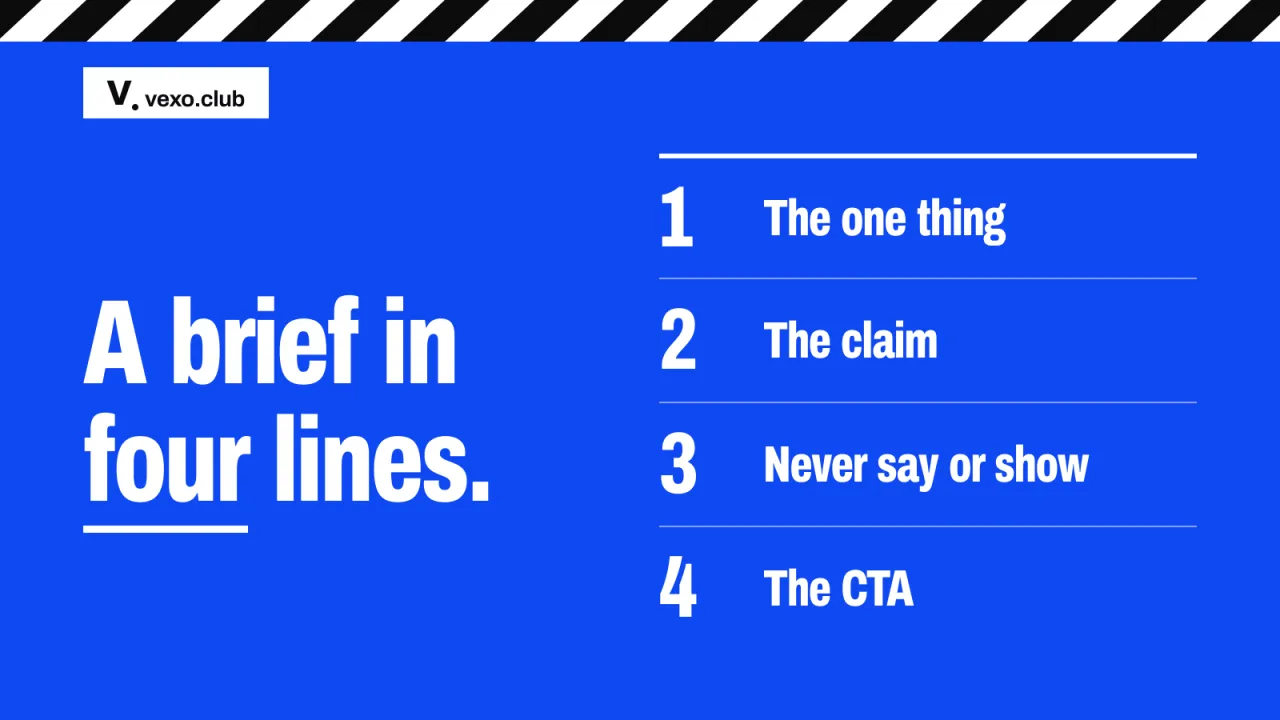 Four numbered brief lines for a creator: how to brief an influencer, vexo.club