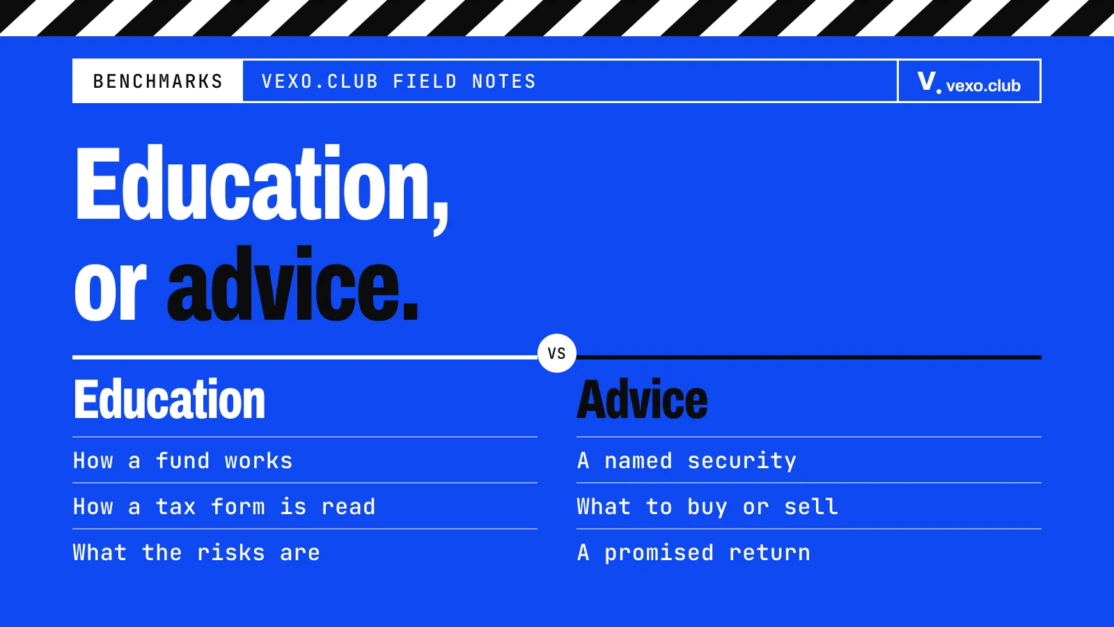 Finance content running from education to advice, with the line SEBI draws — finfluencers in India, vexo.club