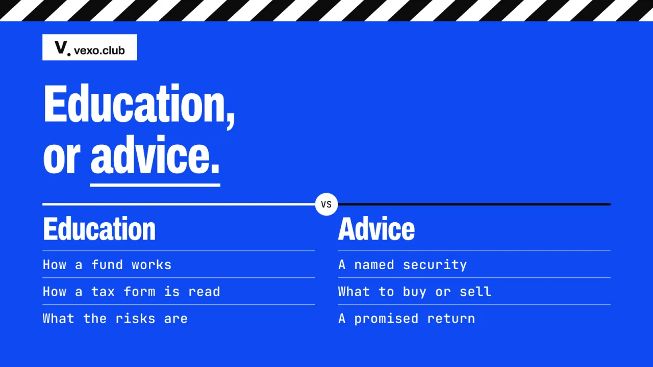 Finance content running from education to advice, with the line SEBI draws — finfluencers in India, vexo.club