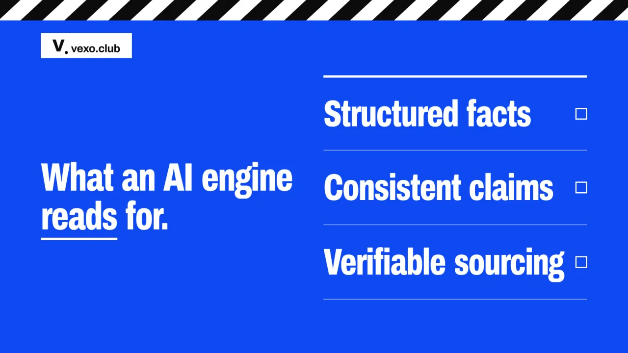 A page read two ways: a crawler scanning keywords, an AI engine checking one claim, vexo.club