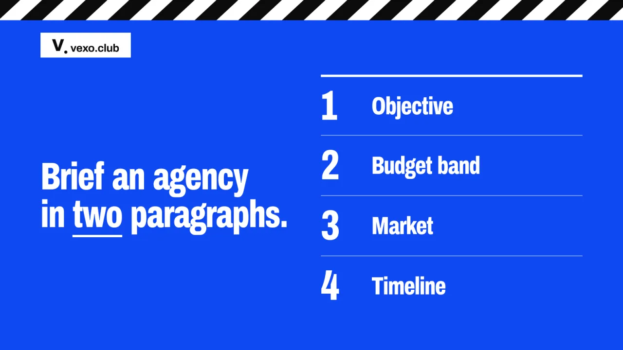 Four numbered brief lines: objective, budget band, market, timeline — how to brief an influencer marketing agency, vexo.club