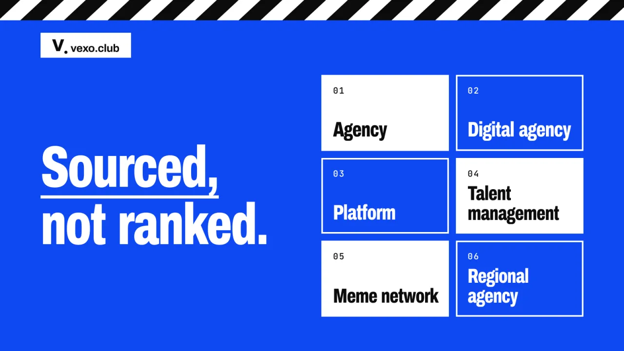 Sourced, not ranked: the kinds of company on the India list, as cells, influencer marketing agencies in India, vexo.club