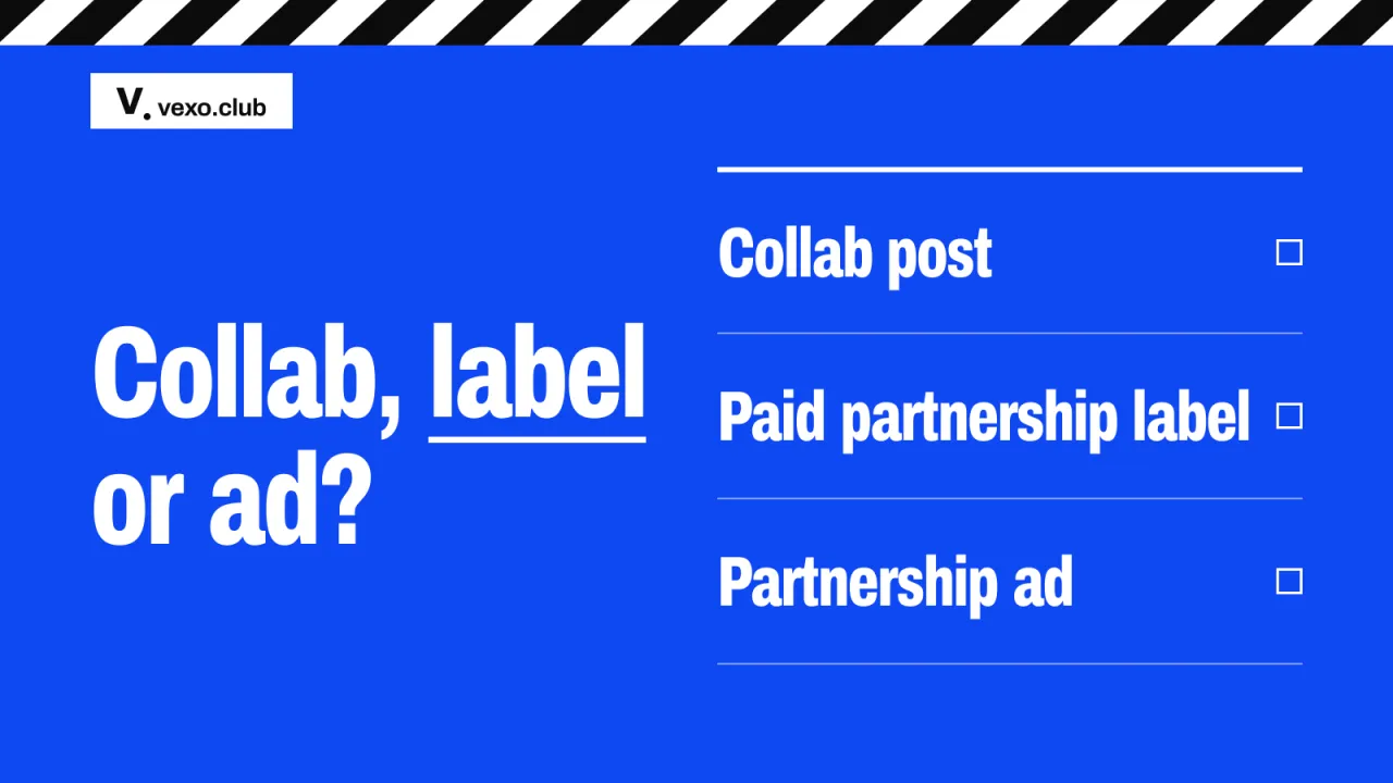 Three ruled lines: Collab post, paid partnership label and partnership ad, Instagram Collab posts for brands, vexo.club