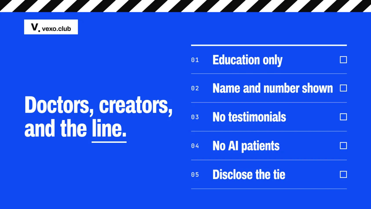 Five numbered lines for a health brief, from education only to disclose the tie: NMC advertising guidelines 2026, vexo.club