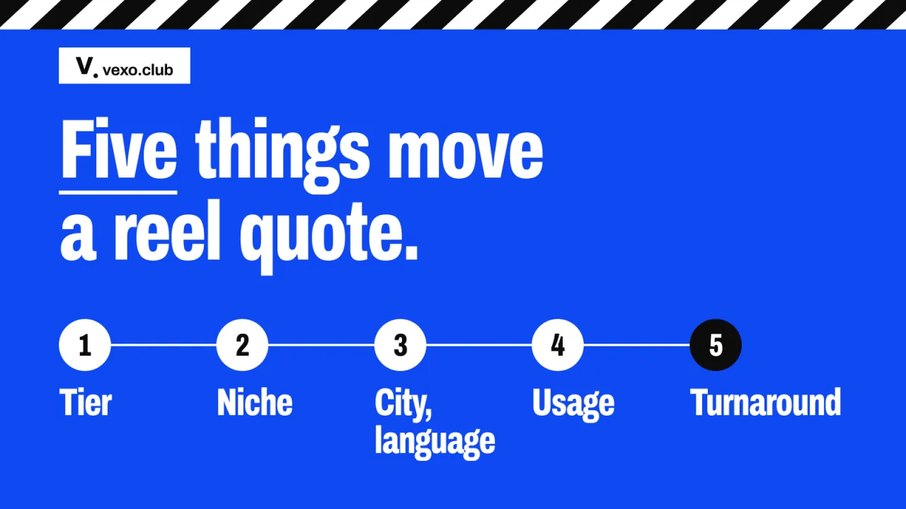 Five numbered variables: tier, niche, city and language, usage, turnaround, what a reel costs in India in 2026, vexo.club
